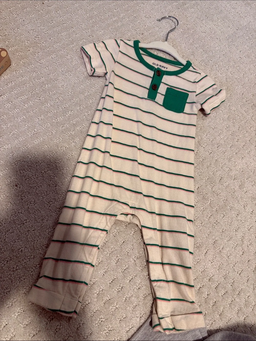 Old Navy Cream and Green Striped Baby Footie with Chest Pocket